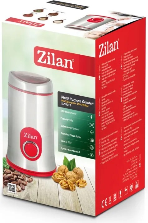 Rasnita cafea electrica, Zilan ZLN8012,Argintiu Rosu 150 W, inox, cutite macinare otel inoxidabil