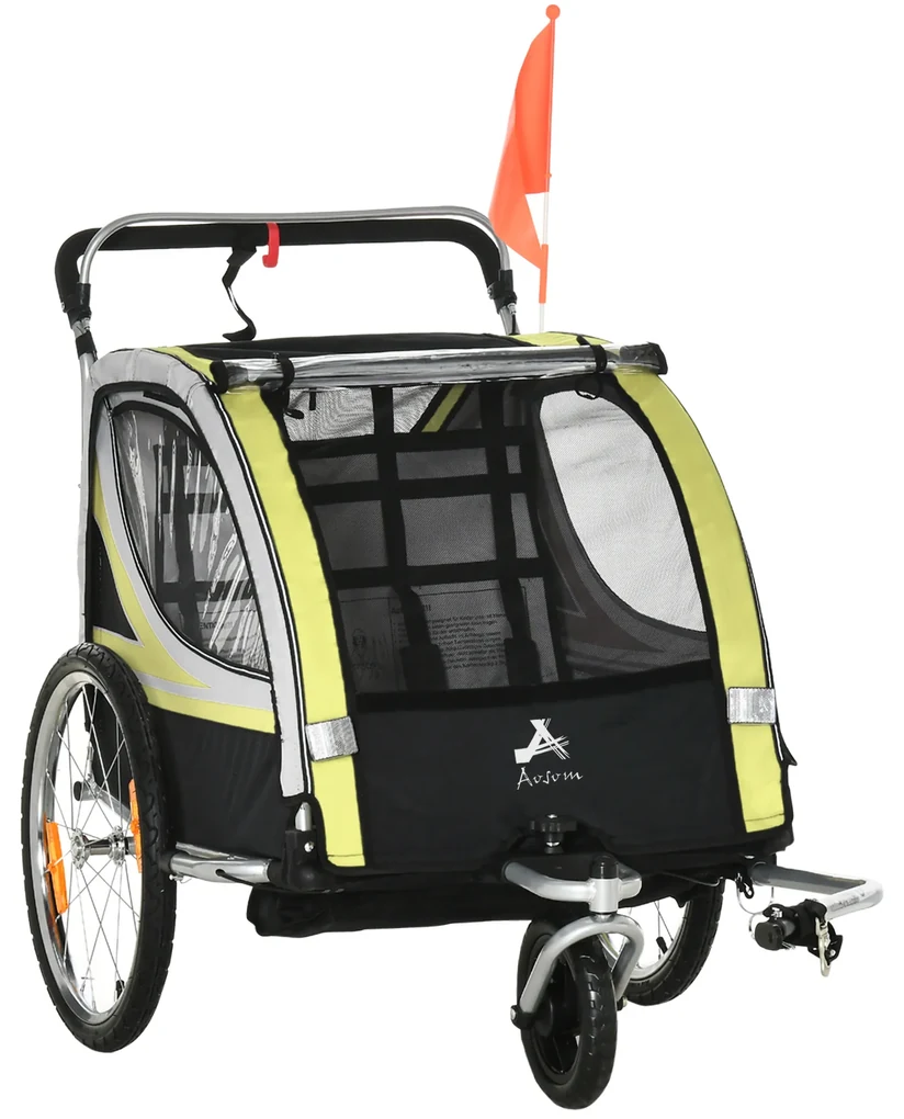 HOMCOM Remorca pentru bicicleta pentru copii 2 in 1, centura in 5 puncte, geanta de depozitare, reflector, steag, galben | Aosom Romania