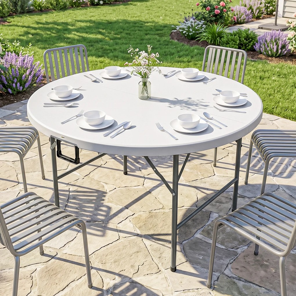 Outsunny Masă Pliabilă de Grădină Φ122 cm, Masă de Picnic Rotundă pentru 6 Persoane, Cadru Metalic, Alb | Aosom Romania