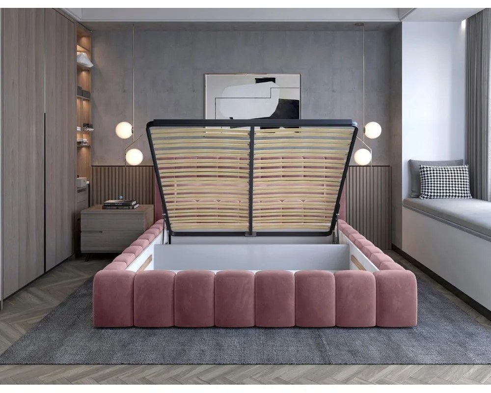 Pat matrimonial roz tapițat cu spațiu de depozitare cu somieră 140x200 cm Lamica – ELTAP