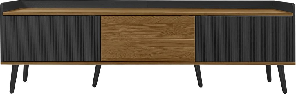 Comodă TV cu 3 uși, picioare din lemn și margine înaltă, 160x39x49,5 cm, Culoare naturală+Negru