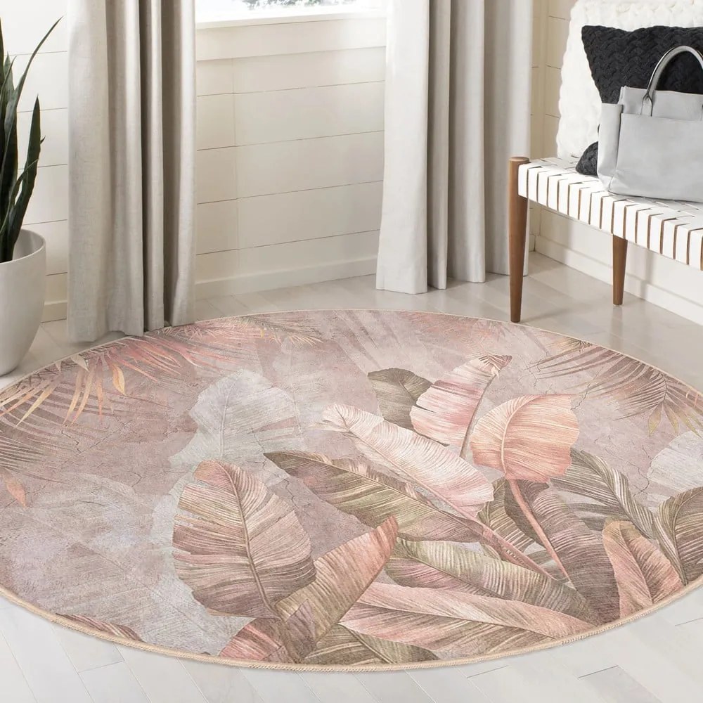 Covor roz deschis lavabil rotund ø 80 cm Dusty Leaves – Mila Home