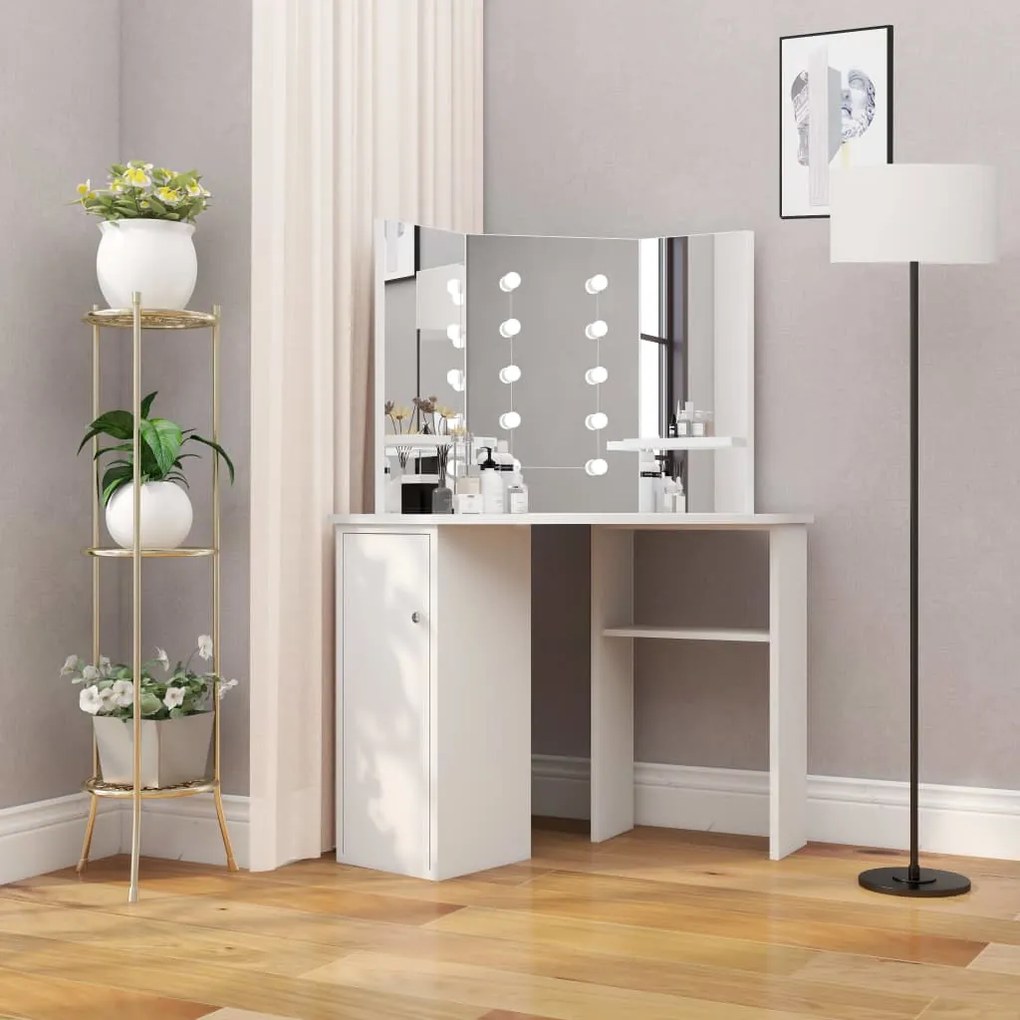 288450 vidaXL Masă pentru machiaj de colț cu lumini LED, alb