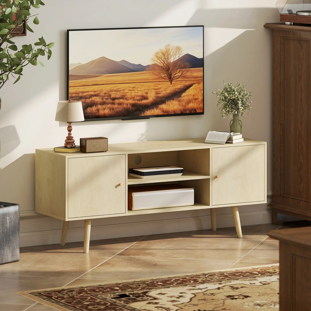 HOMCOM Comodă TV mobilier TV pentru televizor de până la 140 cm 2 dulapuri și 2 rafturi deschise 120x34x50cm efect lemn natural | Aosom Romania