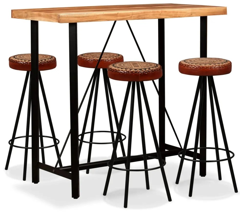 vidaXL Set mobilier bar, 5 piese, lemn acacia, piele naturală & pânză
