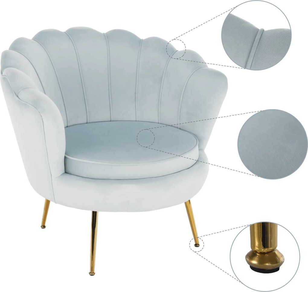 Fotoliu în stil Art-deco, catifea Velvet gri-albastru/crom auriu, NOBLIN