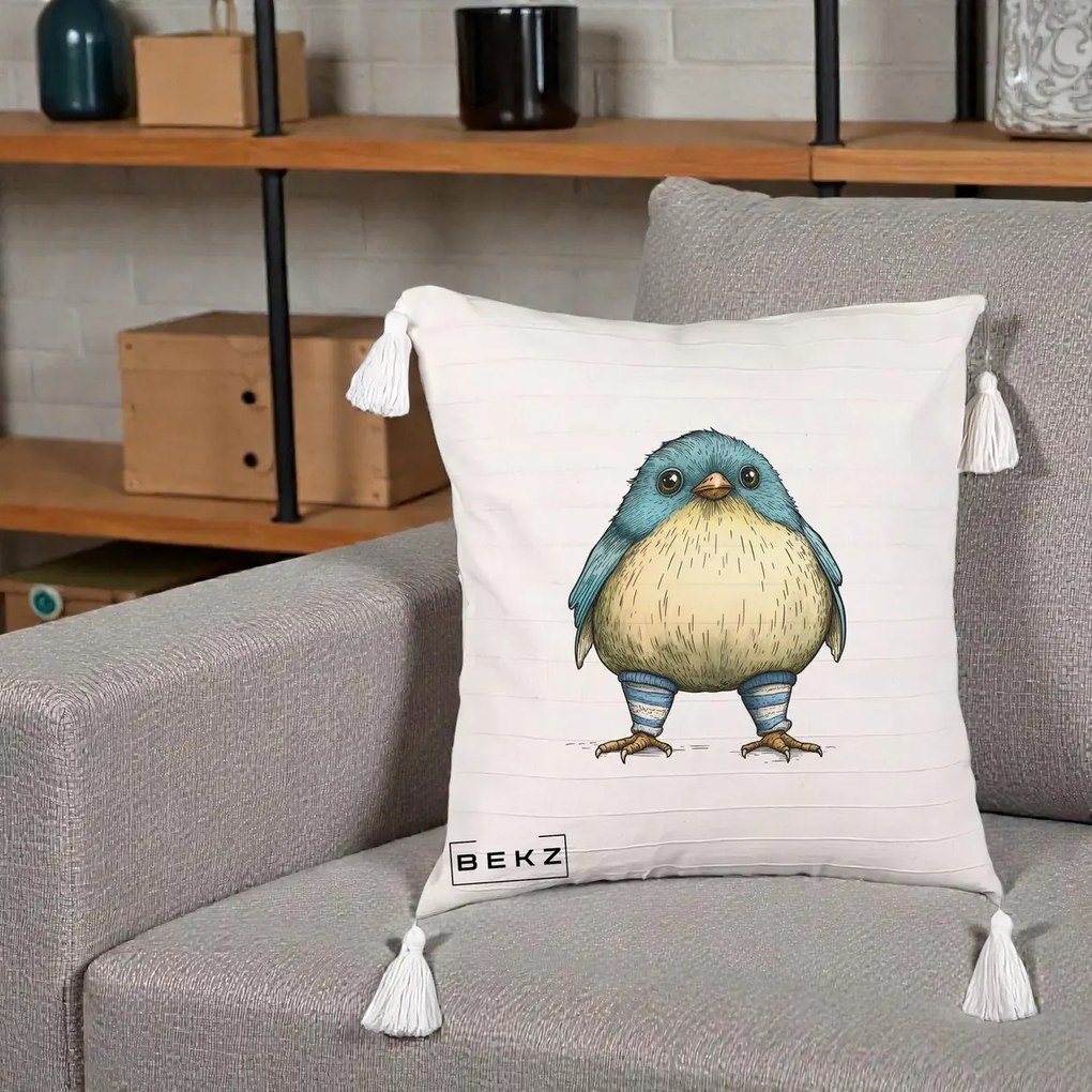 Perna Decorativa Pasare Albastra cu Sosete Albastre, 40x40 cm, Bej cu Franjuri, Husa Detasabila, Perna Inclusa, BEKZ®