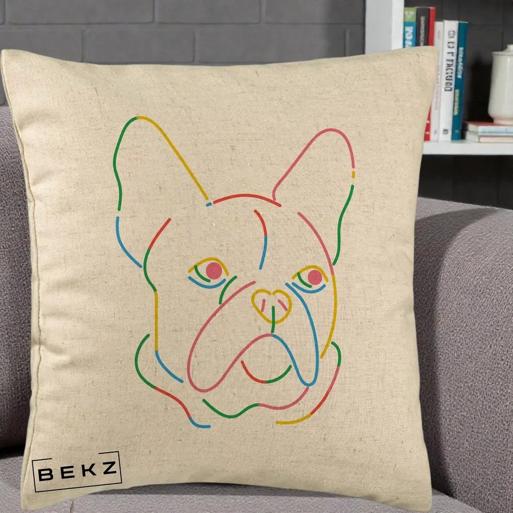 Perna Decorativa Bulldog Francez Line Art Curcubeu, 40x40 cm, Bej, Husa Detasabila, Perna Inclusa, BEKZ®