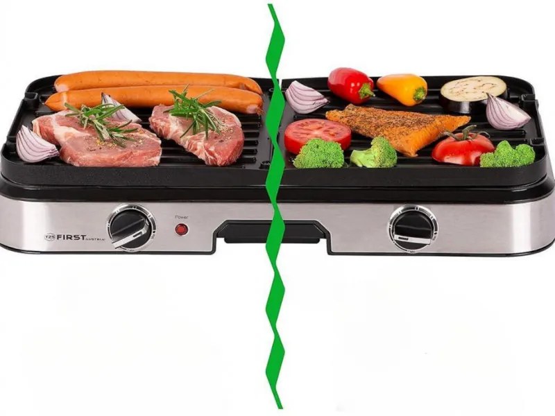 Gratar electric First Austria FA-5346, 2000W, 2 zone independente, Termostat, Acoperire antiaderenta, Tava de grasime, Negru/inox