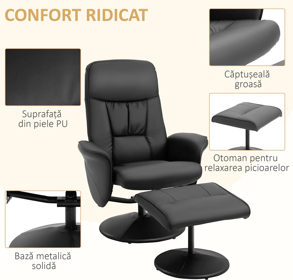 HOMCOM Fotoliu Relax Rotativ 360° din Metal și Piele Sintetică, cu Suport pentru Picioare, Spătar Reglabil, Negru | Aosom Romania