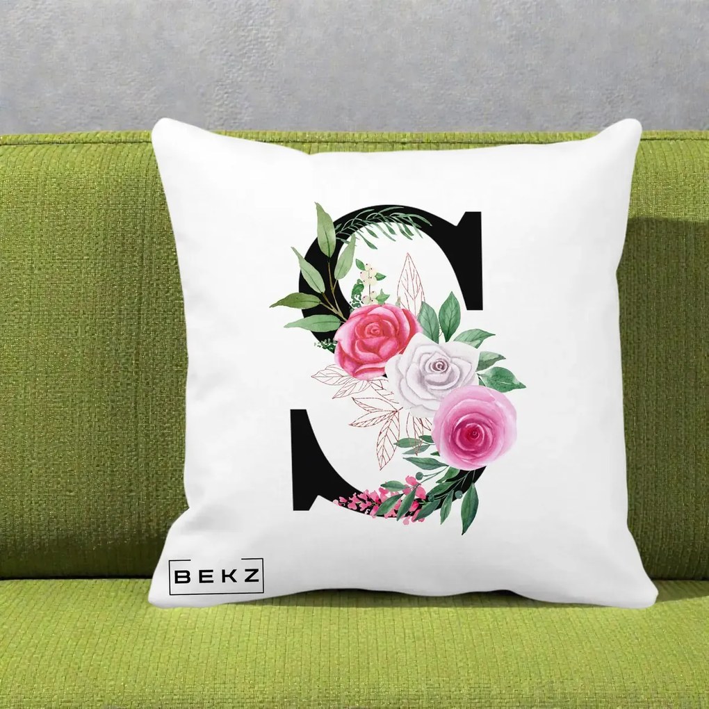 Cadou Personalizat - Perna Personalizata Monograma Florala Litera S, 40x40 cm, Alba Mata, Husa Detasabila, Perna Inclusa, BEKZ®