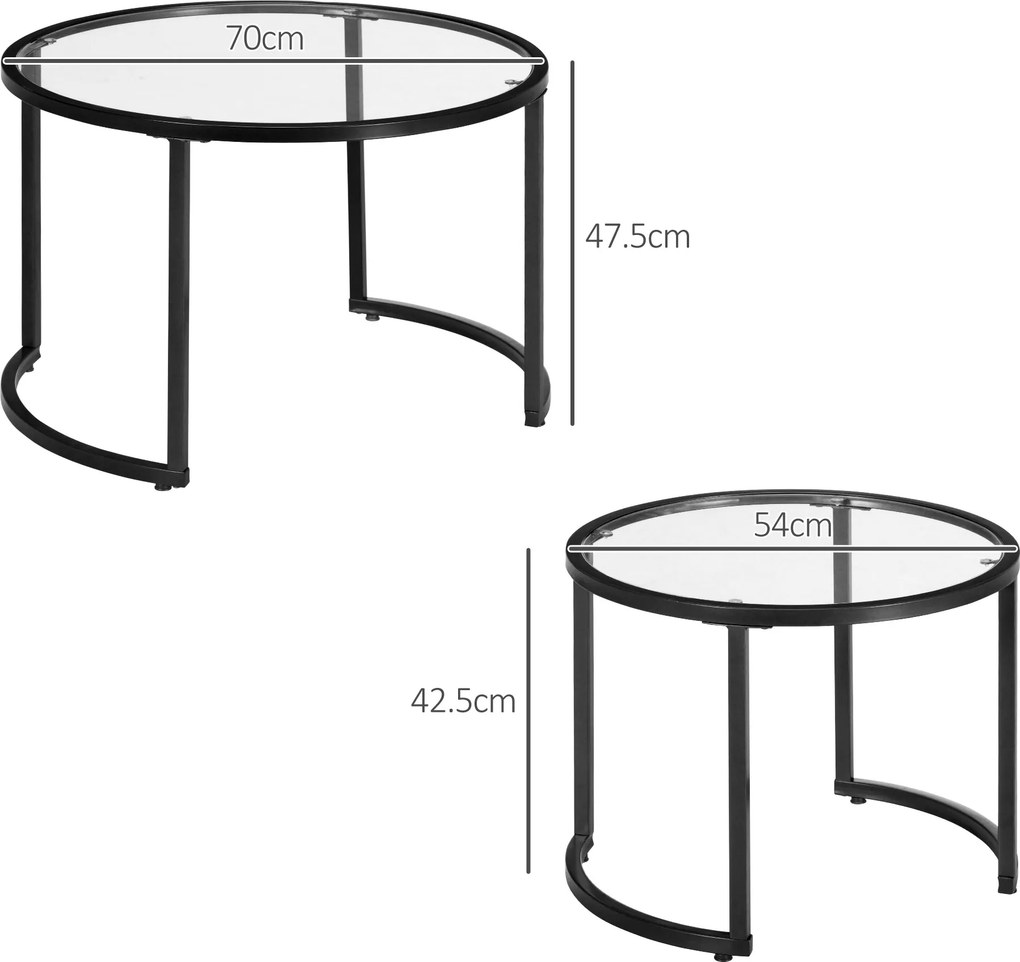 HOMCOM Set de 2 Mese de Cafea Suprapozabile din Sticlă și Oțel, Ø70x47.5 cm și Ø54x42.5 cm, Negru | Aosom Romania