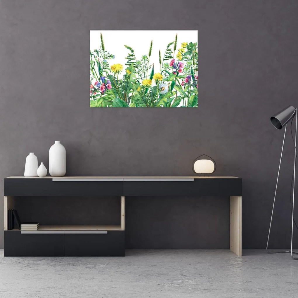 Tablou pe sticlă - Flori de pajiște pictate (70x50 cm)