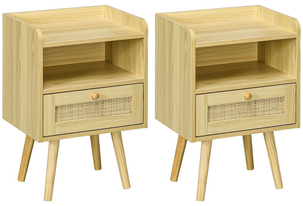 HOMCOM Set de 2 noptiere cu sertar efect răchită și spațiu deschis, 40 x 30 x 60 cm, efect lemn natural | Aosom Romania