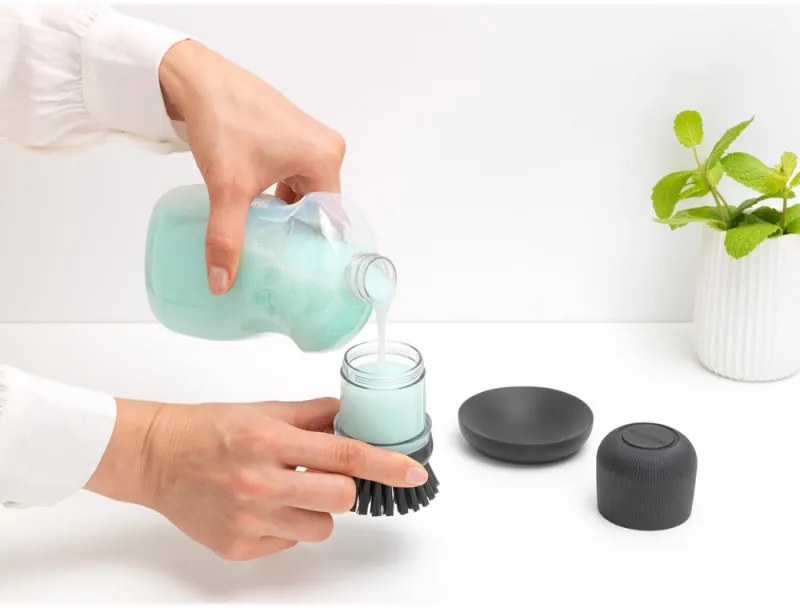 Dozator detergent de vase cu perie Brabantia Sinkside 1003317, 100 ml, Peri din poliester, Suport, Gri inchis