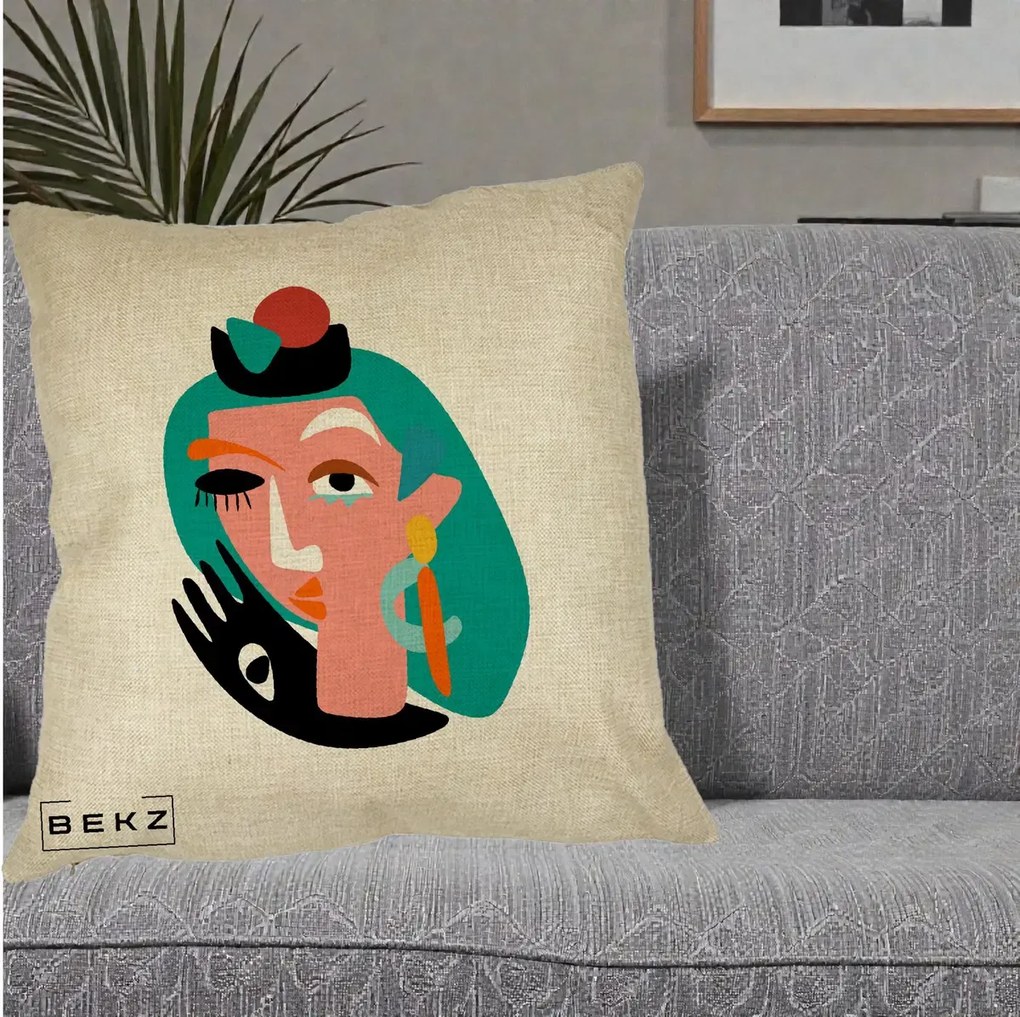 Perna Decorativa Portret Abstract Matisse Turcoaz, 40x40 cm, Crem, Husa Detasabila, Perna Inclusa, BEKZ®