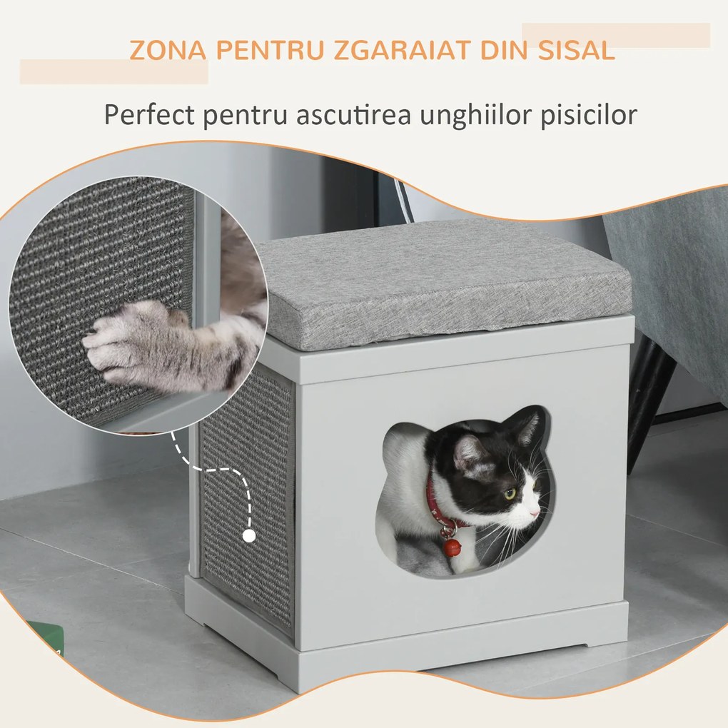 Culcus din lemn pentru pisici cu 2 covorase pentru zgariat 41x30x36 cm gri PawHut | Aosom Romania