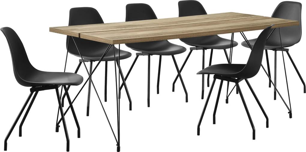 [en.casa] Set masa bucatarie/salon cu 6 scaune Gloria, masa: 178 x 78 x 77 cm, scaun: 83 x 46 x 52 cm, otel/MDF/plastic, efect lemn/negru