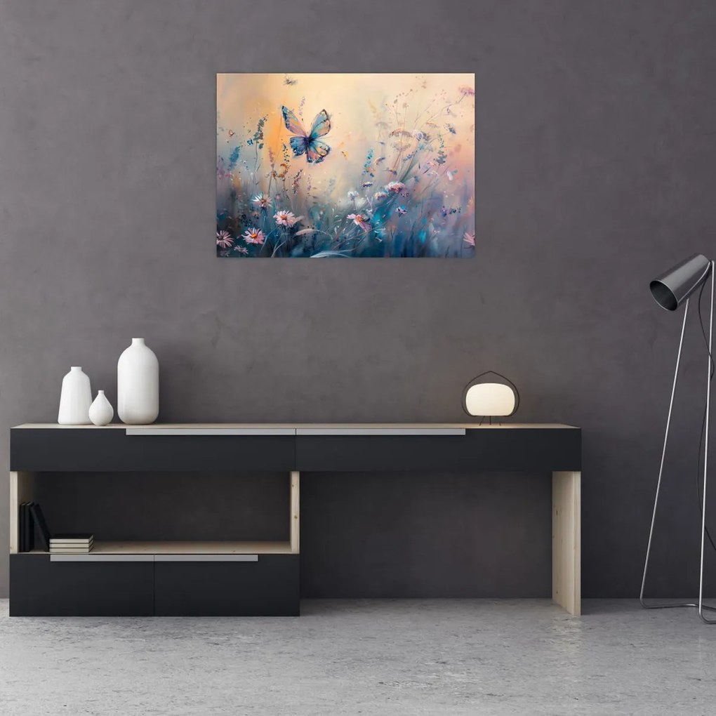 Tablou pe sticlă - Pajiște cu Fluture II (70x50 cm)