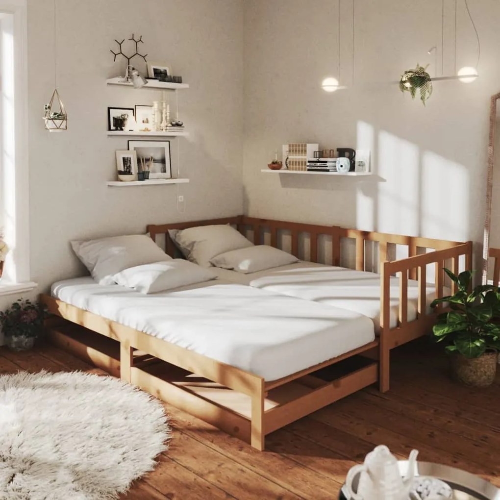 3083707 vidaXL Pat extensibil de zi, 2x(90x200)cm, maro miere, lemn masiv pin