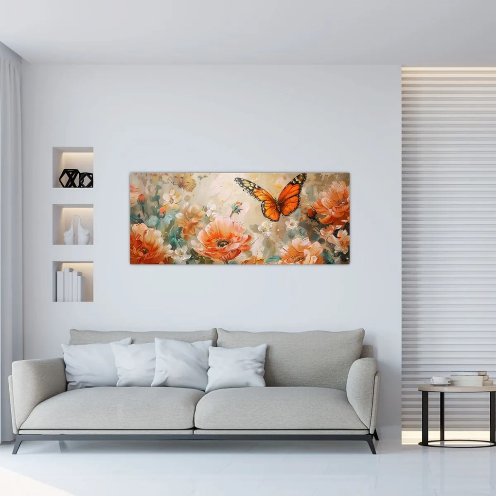 Tablou - Fluture și flori, pictură în ulei (120x50 cm)