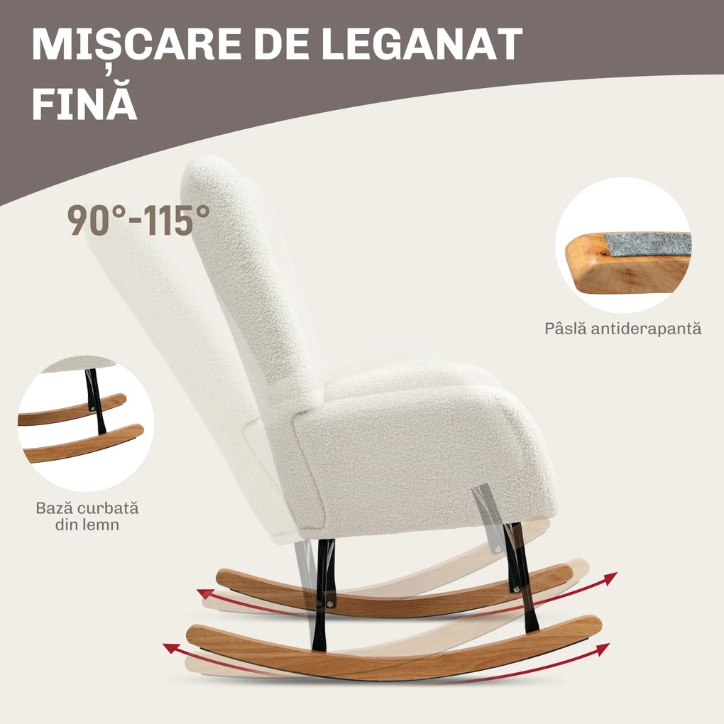 HOMCOM Balansoar, Fotoliu din Catifea Teddy, Scaun Relax cu Picioare din Lemn, Balansoar pentru Dormitor și Living, Alb Crem | Aosom Romania