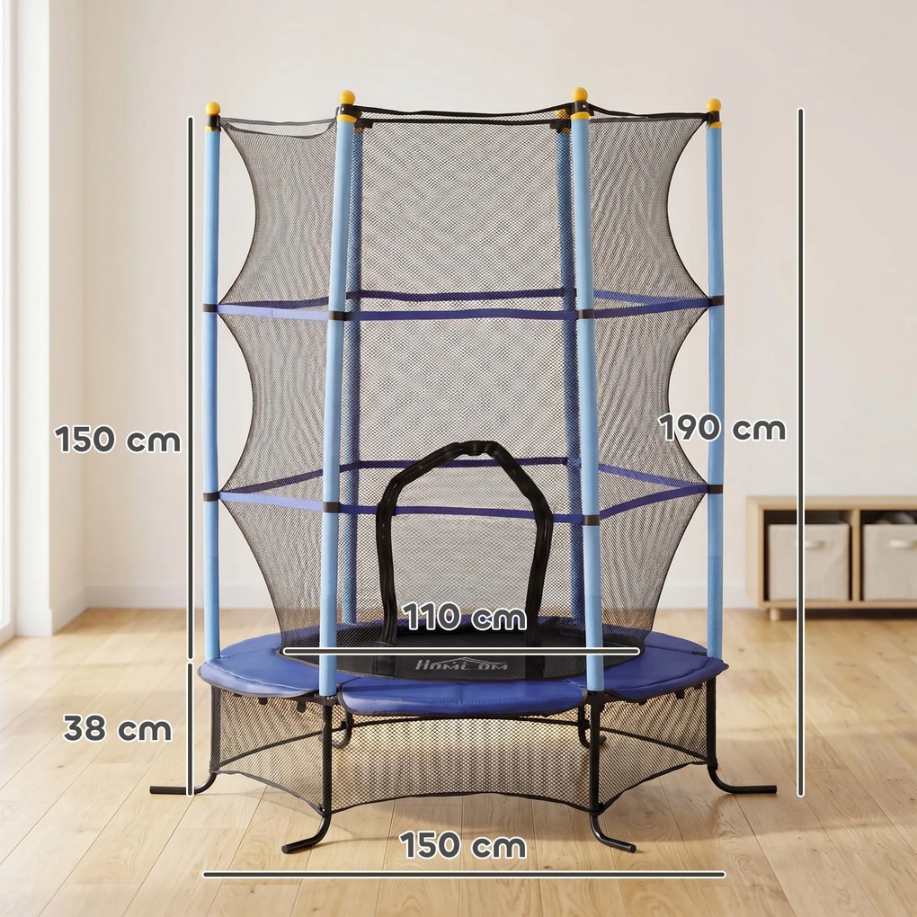 HOMCOM Trambulină Elastică pentru Copii cu Plasă de Siguranță, Suprafață Elastică și Țevi Capitonate, Ø163x190 cm, Albastru | Aosom Romania