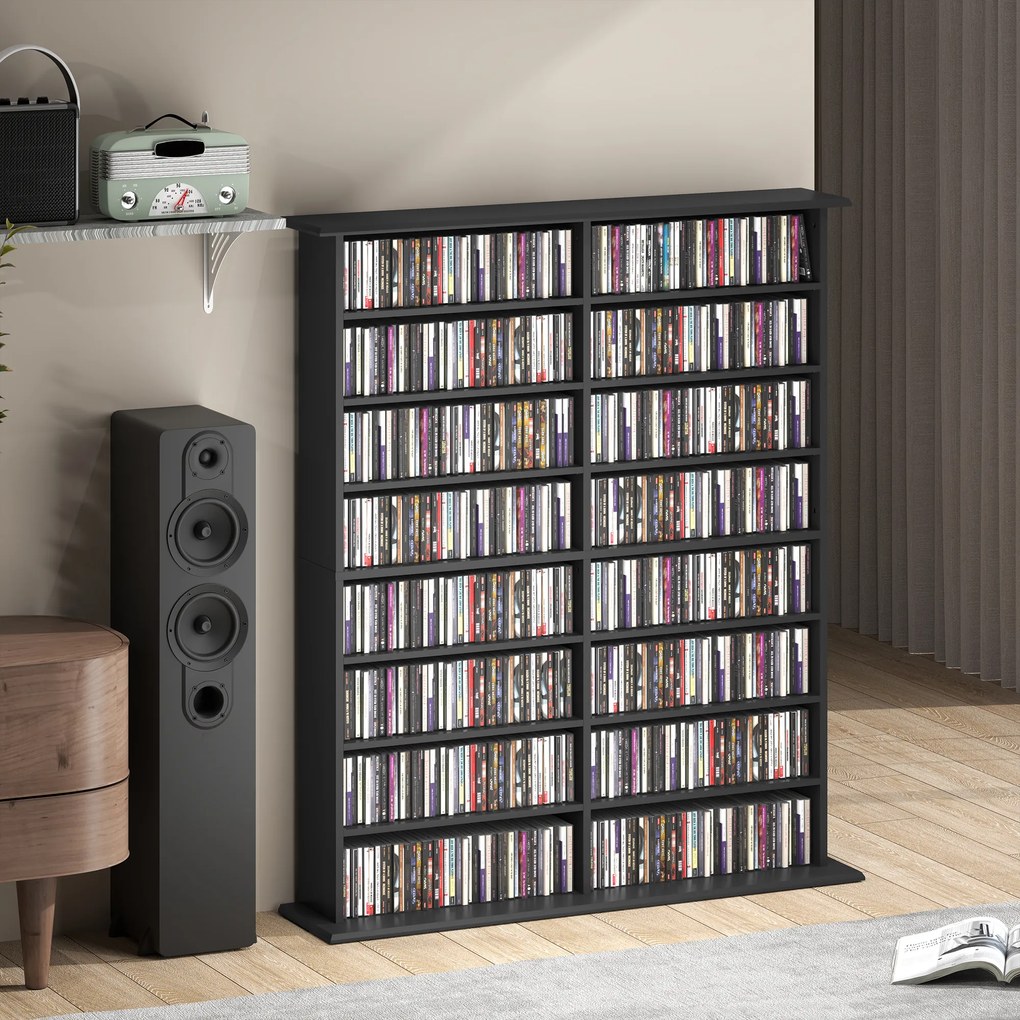 HOMCOM Mobilier Bibliotecă cu 16 Rafturi pentru 720 CD-uri din Lemn 106.5x24x123.7 cm Negru | Aosom Romania