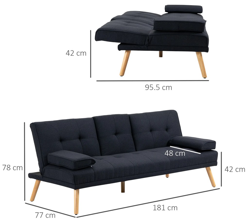 HOMCOM Canapea Extensibilă cu 3 Locuri, 2 Brațe Detașabile și Suport pentru Pahare, 181x77x78 cm, Gri antracit | Aosom Romania