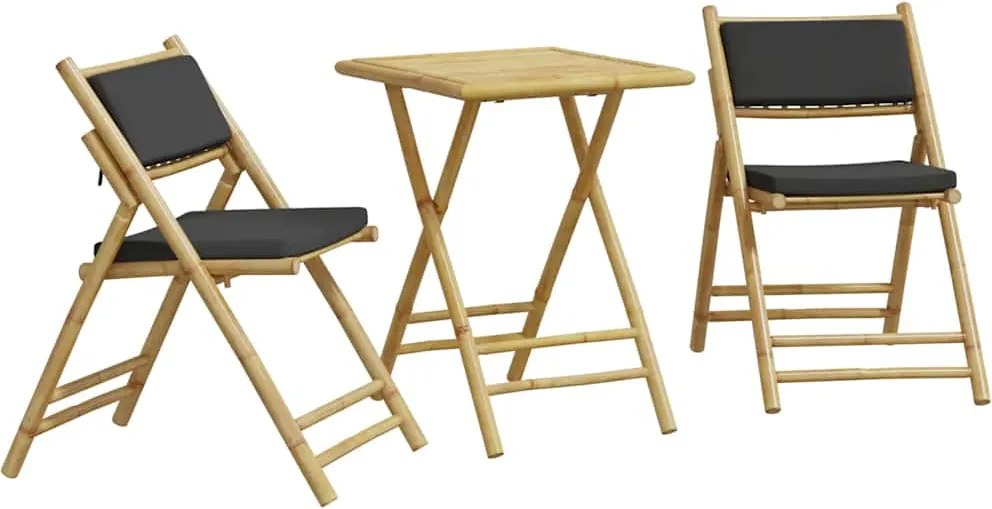 vidaXL Set de bistro pliabil, 3 piese, cu perne gri închis, bambus
