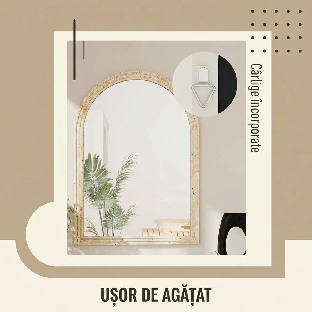 HOMCOM Oglindă de Perete în Formă de Arc cu Margine Canelată 60x2x90 cm Bej | Aosom Romania