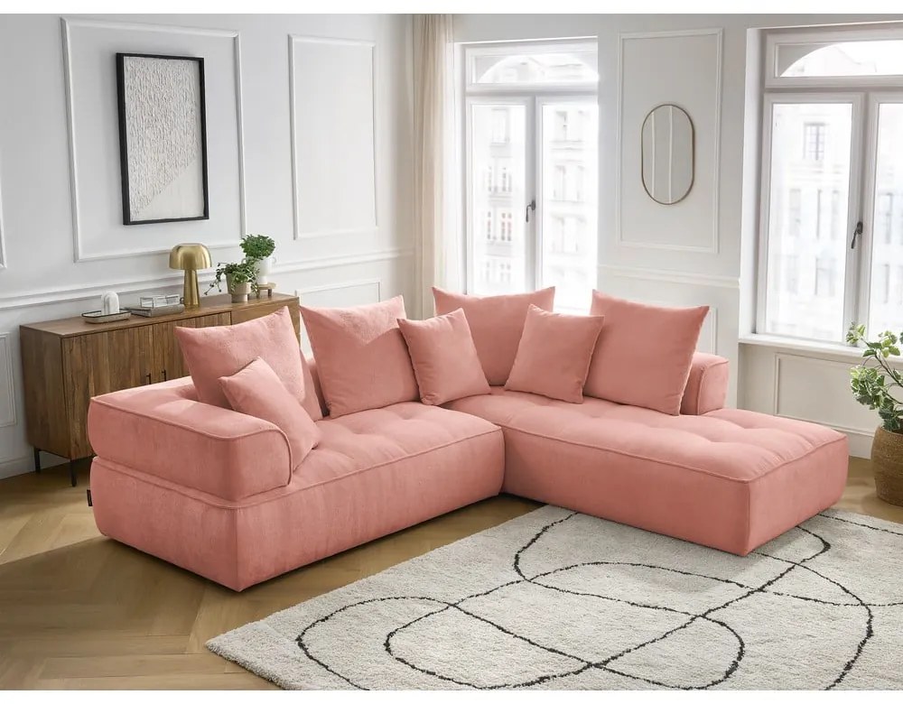 Colțar roz cu tapițerie din chenille (cu colț pe partea dreaptă/în formă de ”L”) Whesley – Bobochic Paris