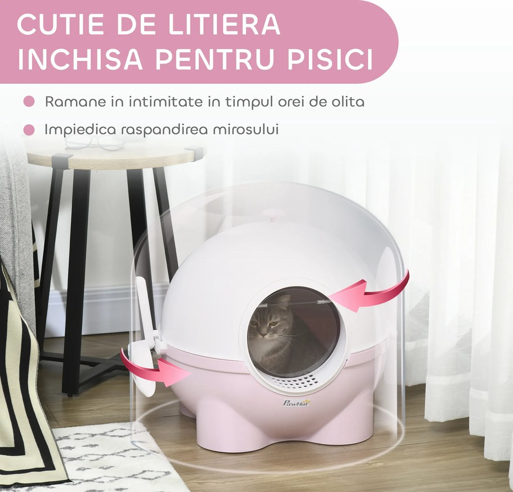 PawHut Litieră cu Capac pentru Pisici, Litiera pentru Pisici Mare cu Capac, Lopatica, Pedala pentru Nisipul care Cade, Maner Superior, Verde Deschis | Aosom Romania