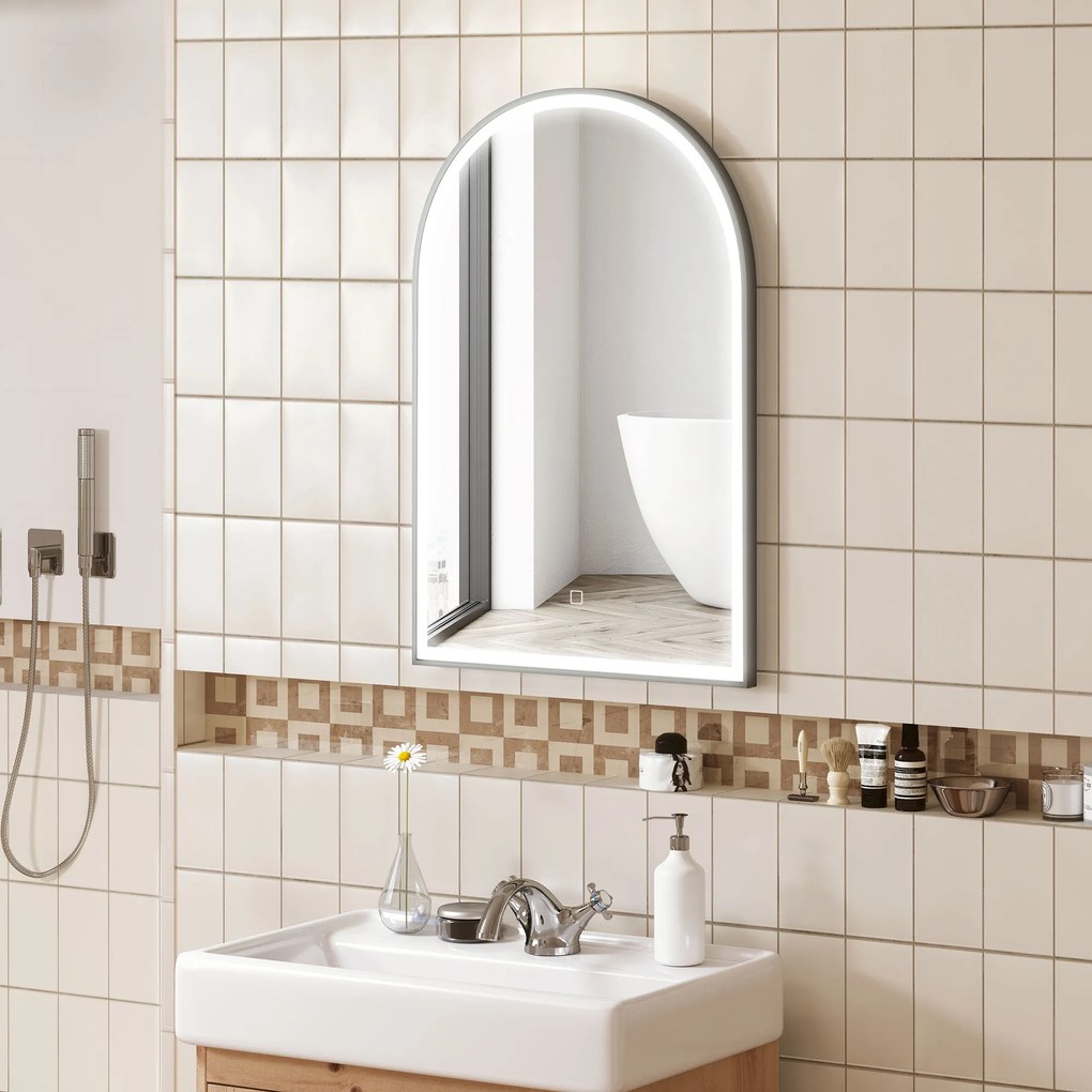 HOMCOM Oglindă de baie cu LED-uri 90 x 60 cm, montată pe perete, 3 culori, arcuită cu cadru din aluminiu, funcție anti-întunecare și comutator tactil | Aosom Romania