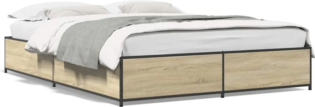 vidaXL Cadru de pat, stejar sonoma, 150x200cm, lemn prelucrat și metal