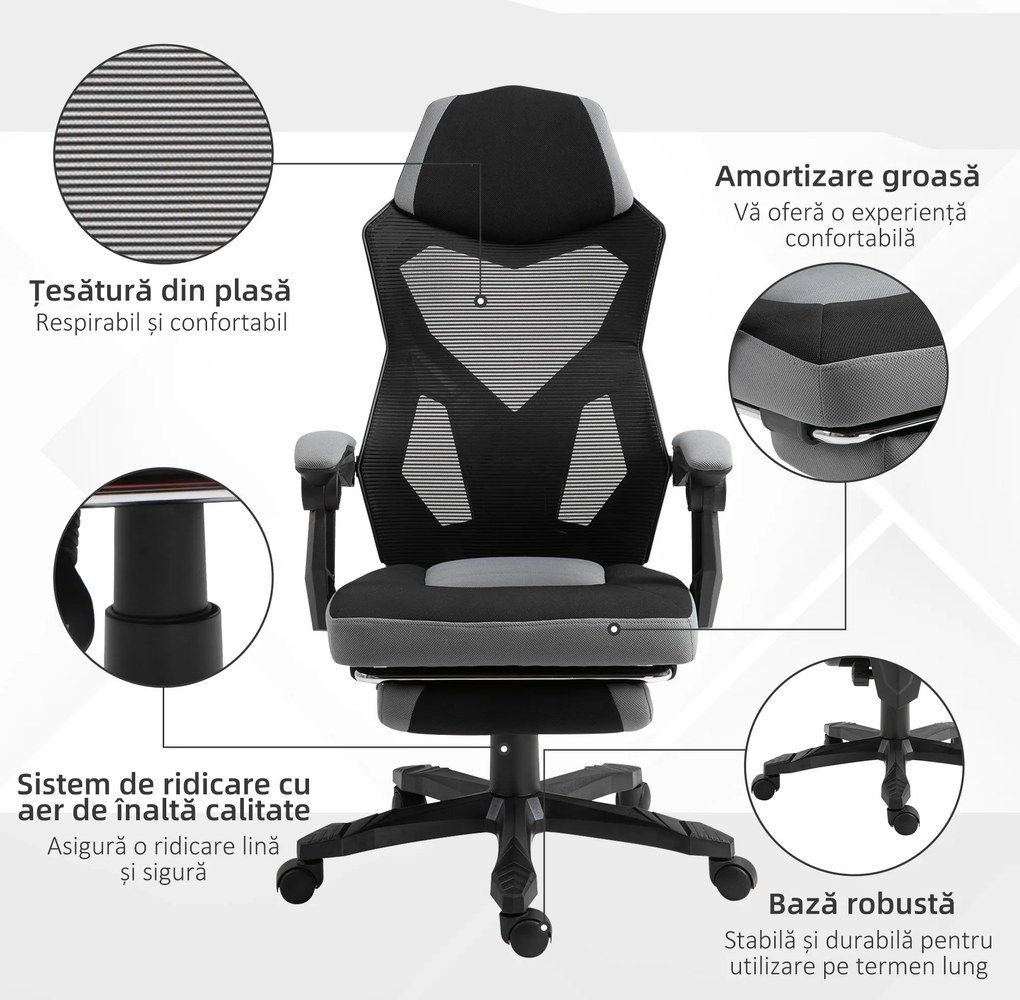 Vinsetto Scaun de Birou Ergonomic Reclinabil cu Suport Picioare Retractabil, Gri | Aosom Romania