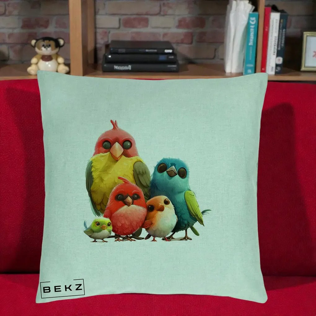 Perna decorativa Familie de Pasarele Colorate, 40x40 cm cu Umplutura, Verde Menta, BEKZ