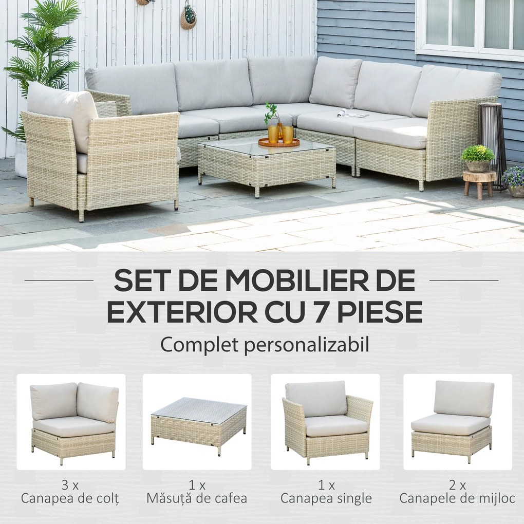 Set Mobilier Grădină Modular 7 Piese, Măsuță, Fotoliu, Canapele Ratan PE, Perne Incluse, Bej | Aosom Romania