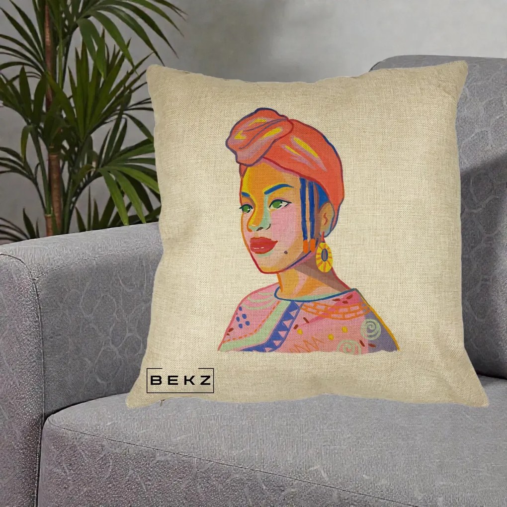 Perna Decorativa Portret Femeie Africana, 40x40 cm, Crem, Husa Detasabila, Perna Inclusa, BEKZ®