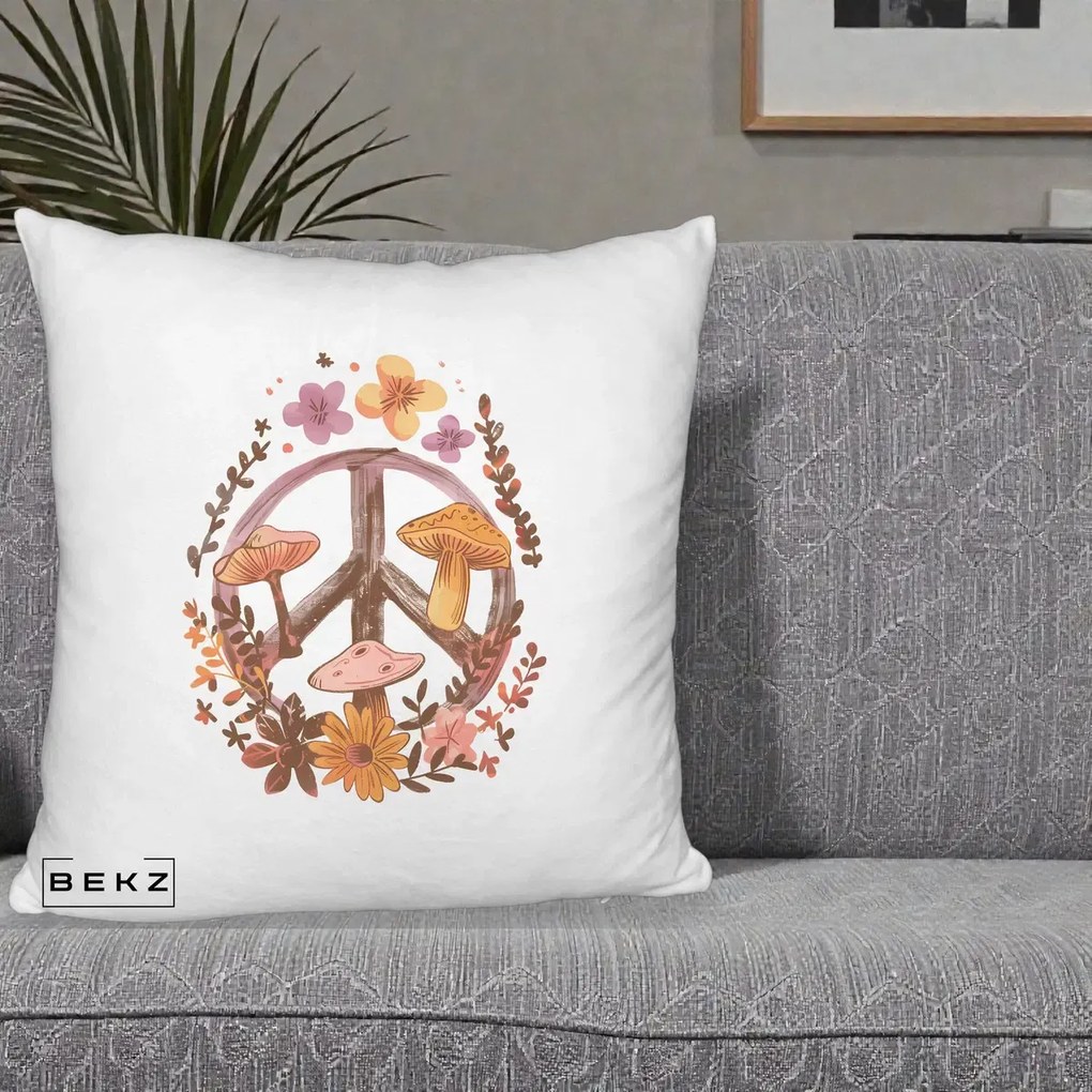 Perna Decorativa Peace Sign Ciuperci Floral, 40x40 cm, Alb Pufos, Husa Detasabila, Perna Inclusa, BEKZ®