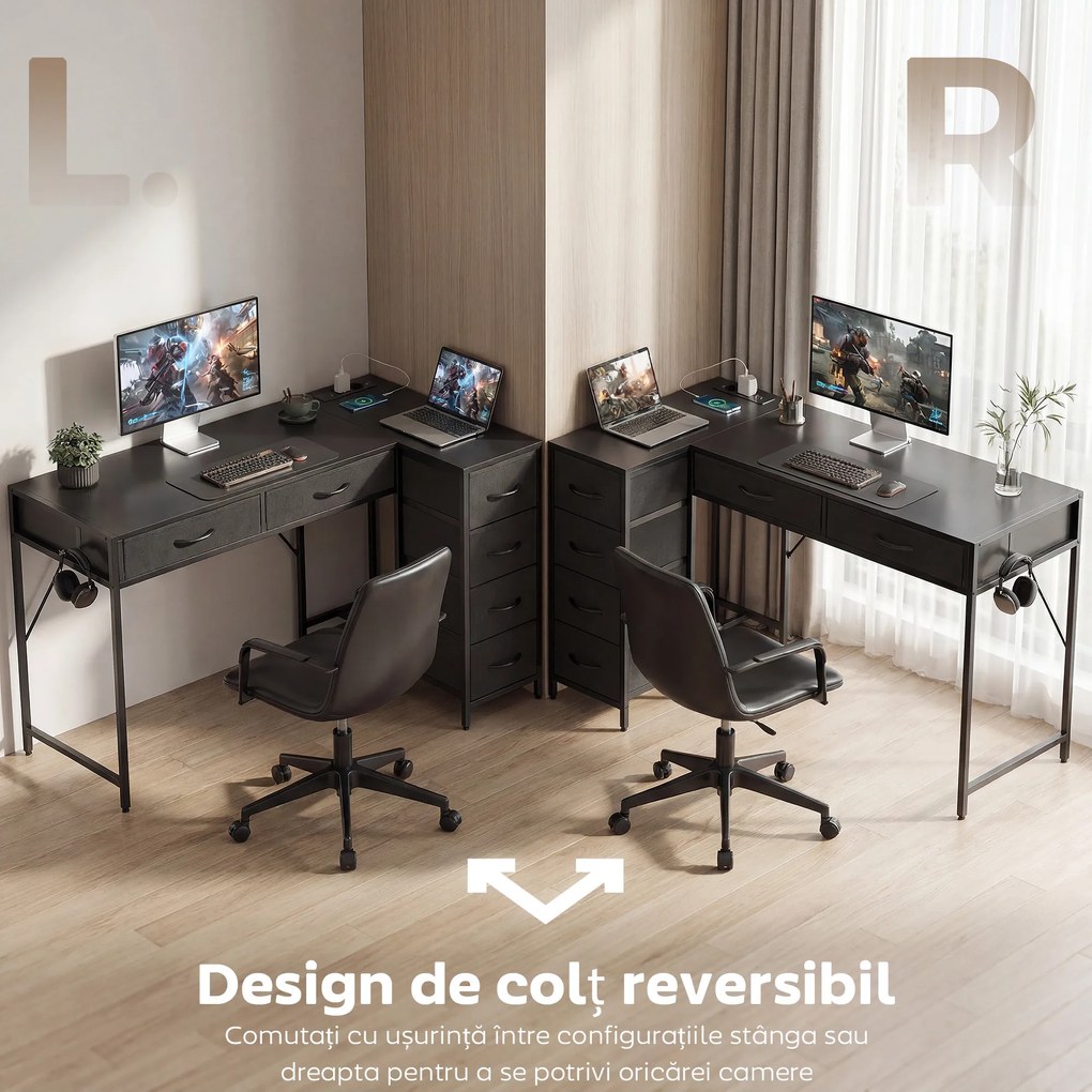 HOMCOM Birou de Colț Reversibil cu Prize și Porturi USB, 126x48 cm Birou în Formă de L cu 6 Sertare din Material Textil, Cârlig Lateral, pentru Computer, Birou, Cameră, Negru | Aosom Romania
