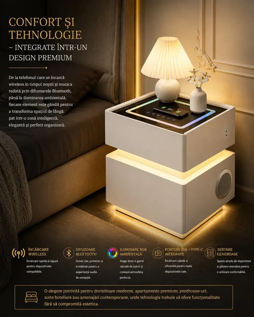 ELÉVIA — Noptieră inteligentă cu încărcare Wireless, Bluetooth Stereo, iluminare RGB, USB + Type-C și senzor de mișcare, Alb