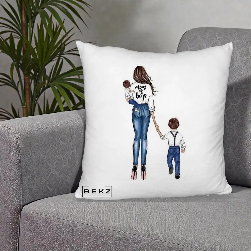 Cadou pentru Mama - Perna Personalizata Mom of Boys Mama cu Baietii, 40x40 cm, Alb Pufos, Husa Detasabila, Perna Inclusa, BEKZ®