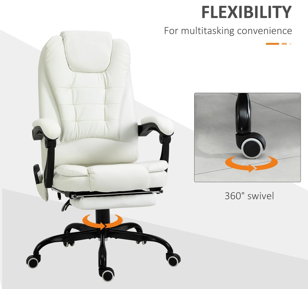 Vinsetto Scaun de birou de masaj, scaun de birou, scaun ergonomic cu înălțime reglabilă, spătar inclinabil și telecomandă cu fir, suport pentru picioare retractabil și pivotant la 360°, alb | Aosom Romania