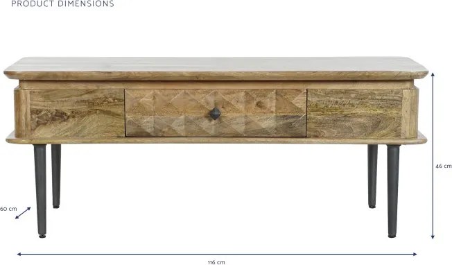 Măsuță de cafea dreptunghiulară din lemn de mango, natur, cu sertar în relief, finisaj natural, 46 x 116 x 60 cm, „Kandara” – Ethnic Collections
