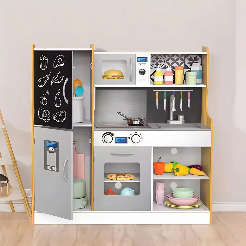 Bucătărie de jucărie din lemn cu sunet și bord LED accesorii metalice