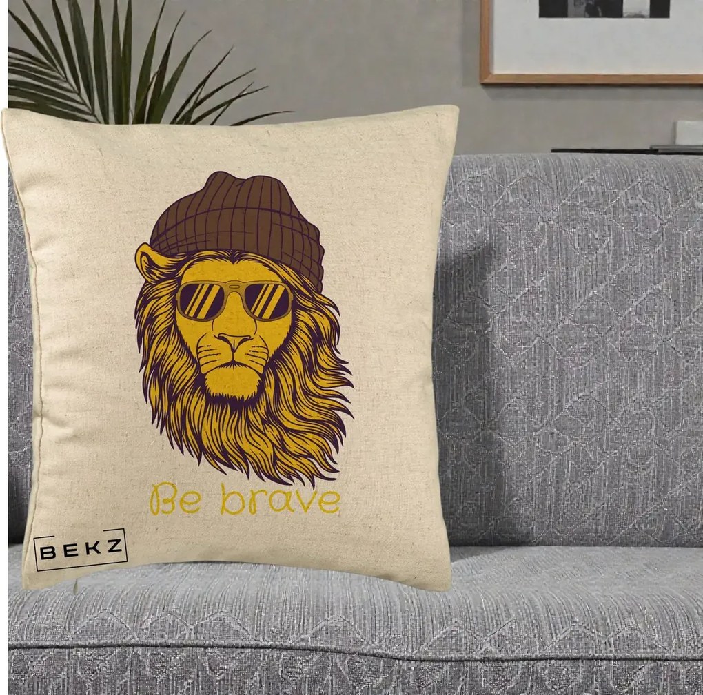 Perna Decorativa Leu Hipster Be Brave, 40x40 cm, Bej, Husa Detasabila, Perna Inclusa, BEKZ®