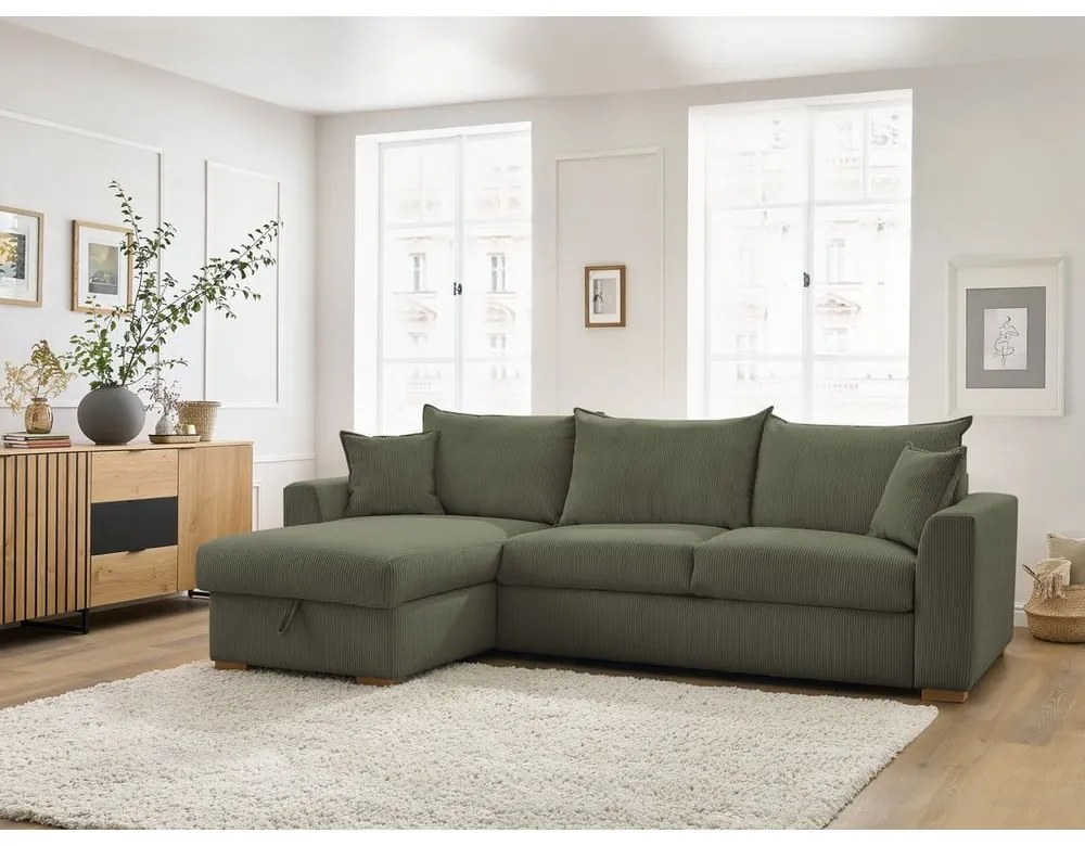 Colțar verde extensibil cu tapițerie din catifea reiată (cu colț variabil) Augustin – Bobochic Paris