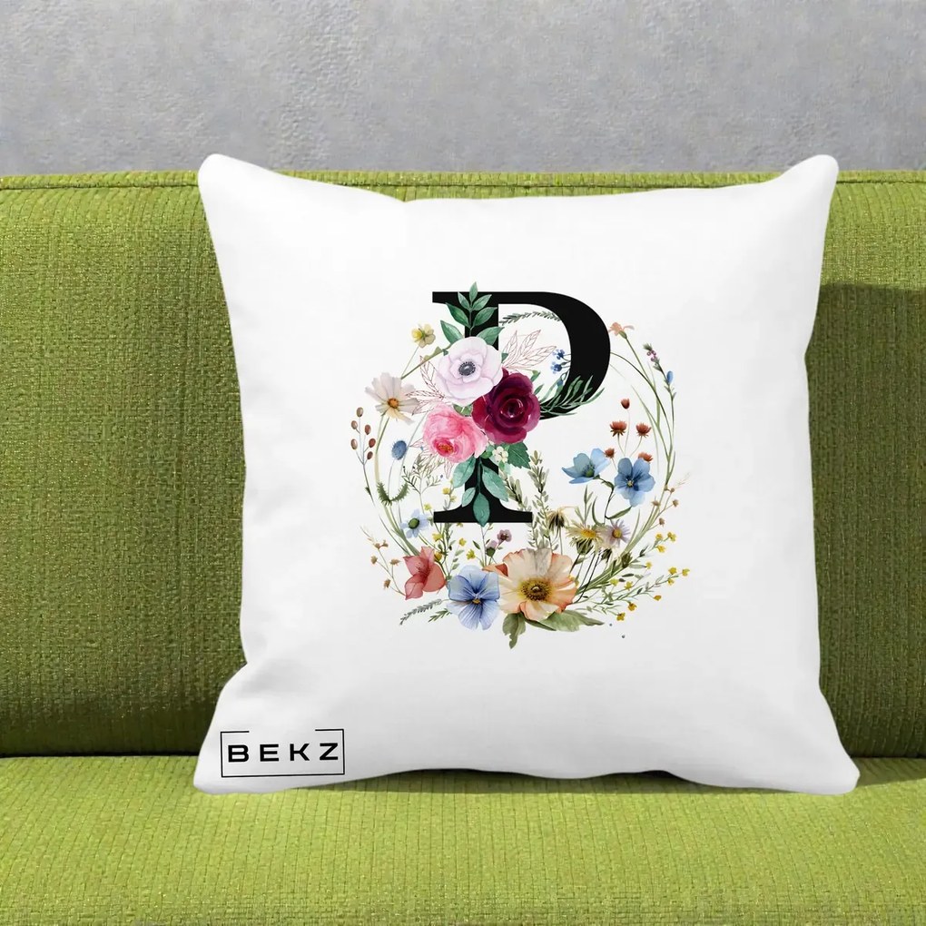 Cadou Personalizat - Perna Personalizata Monogram Litera P cu Flori Acuarela, 40x40 cm, Alba Mata, Husa Detasabila, Perna Inclusa, BEKZ®