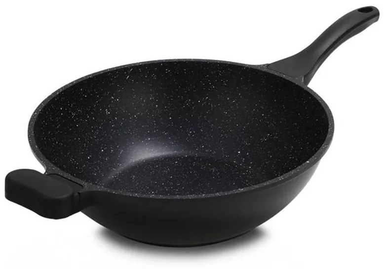 Tigaie wok Royalty Line RL-BW32M, 32 cm, 3.7 L, Acoperire marmura, Inductie, Manere moi, Negru